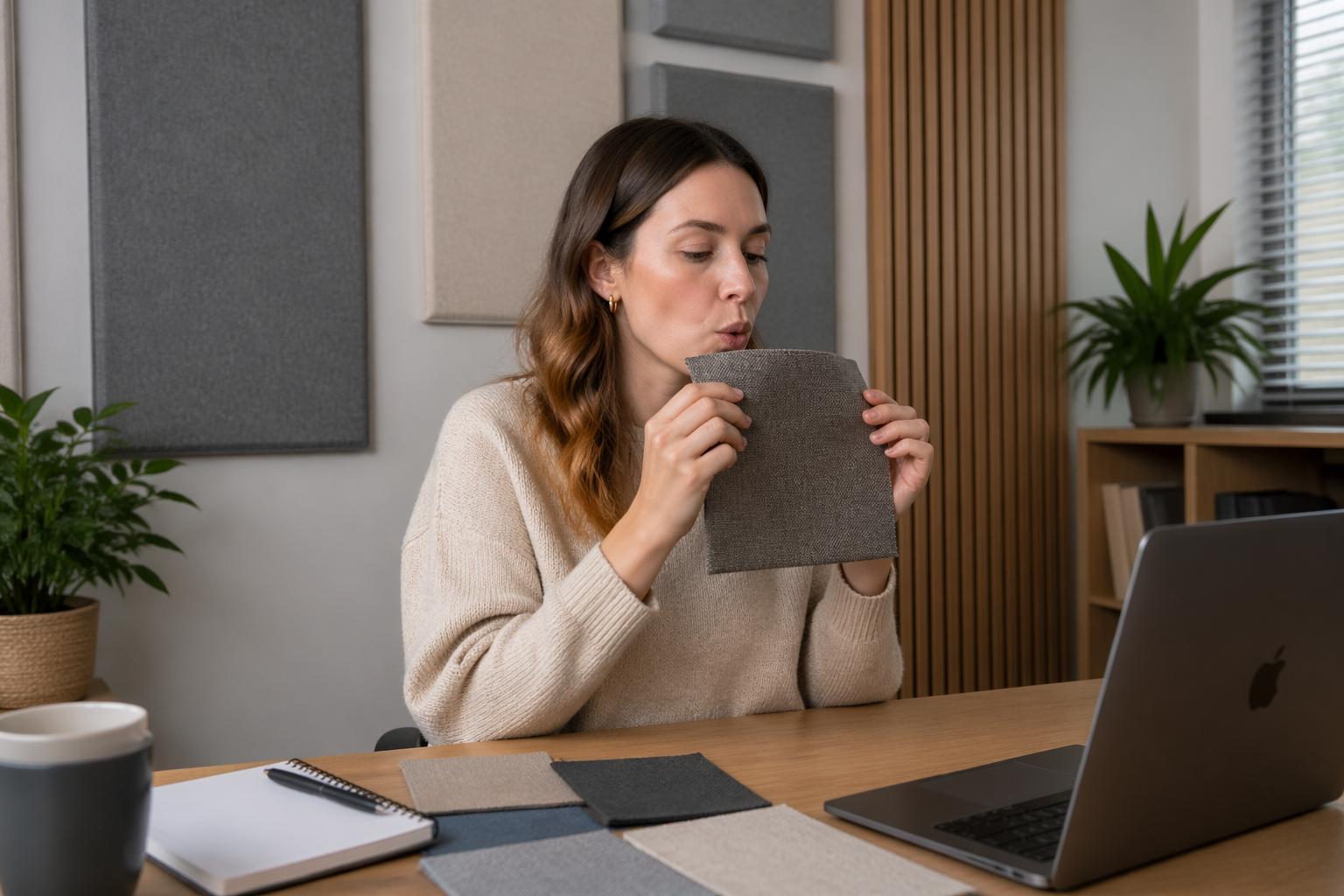 A woman testing the breathability of acoustic panel fabric in a home office
