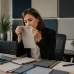 A woman testing the breathability of acoustic panel fabric in a home office