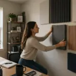 A woman installing acoustic panels in a modern home office, focusing on fire safety and proper placement.