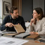 A male and female interior designer discussing acoustic panel frame depths in a modern home office, examining samples on a desk