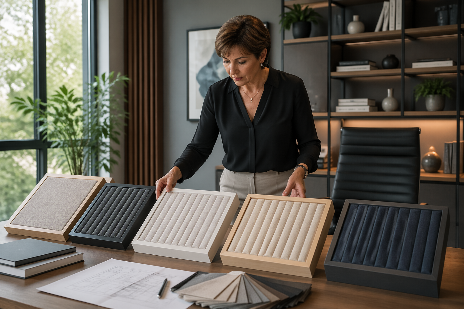 A woman in a home office examines different acoustic panel frames on a desk.