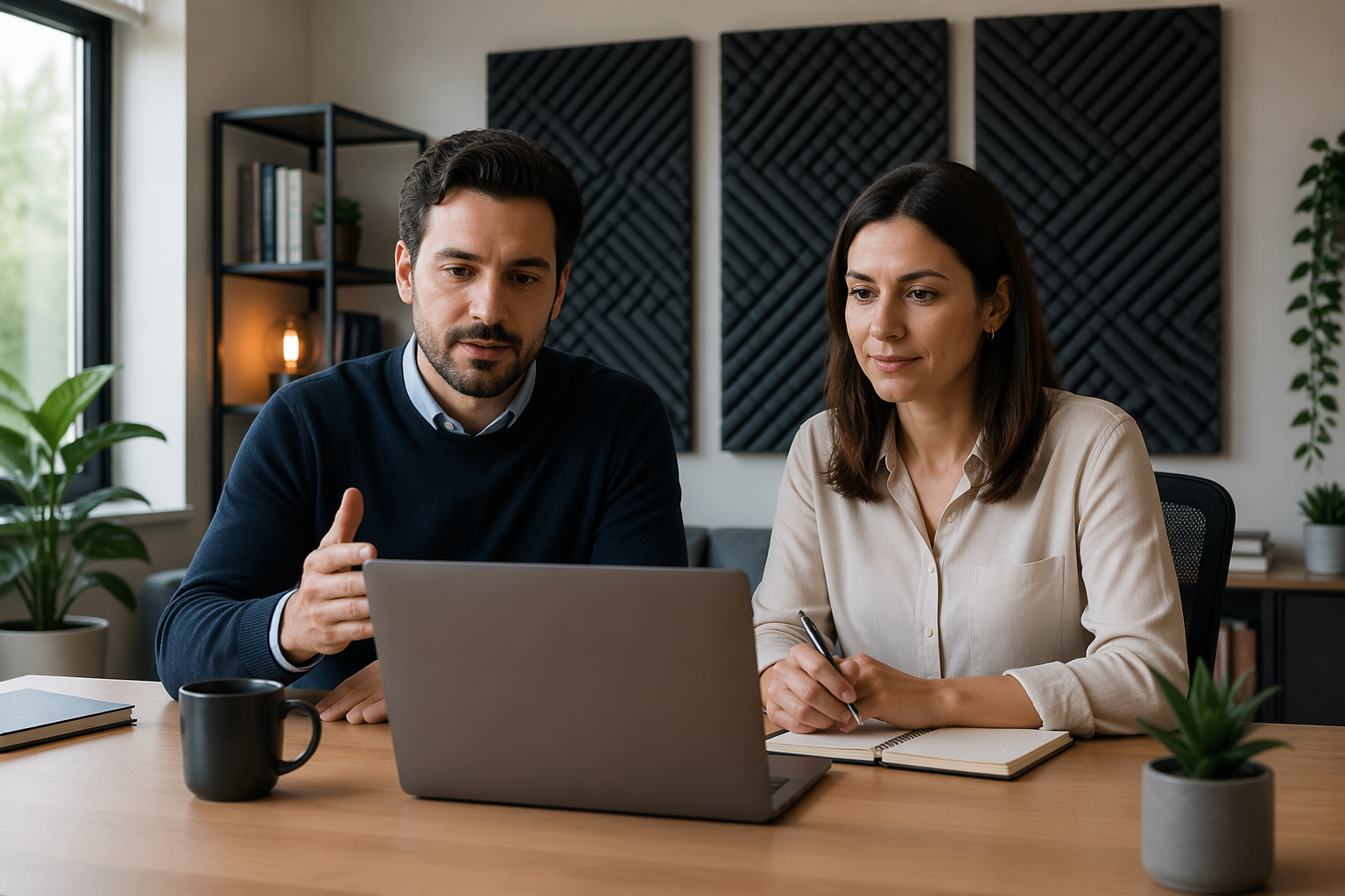 A man and woman in a home office engaged in a video meeting with acoustic panels behind them