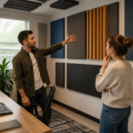 A man and woman discussing acoustic panel layout in a rectangular home office with acoustic panels on the walls.