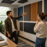 A man and woman discussing acoustic panel layout in a rectangular home office with acoustic panels on the walls.