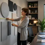 A woman measuring the spacing of acoustic panels on a wall in a home office.