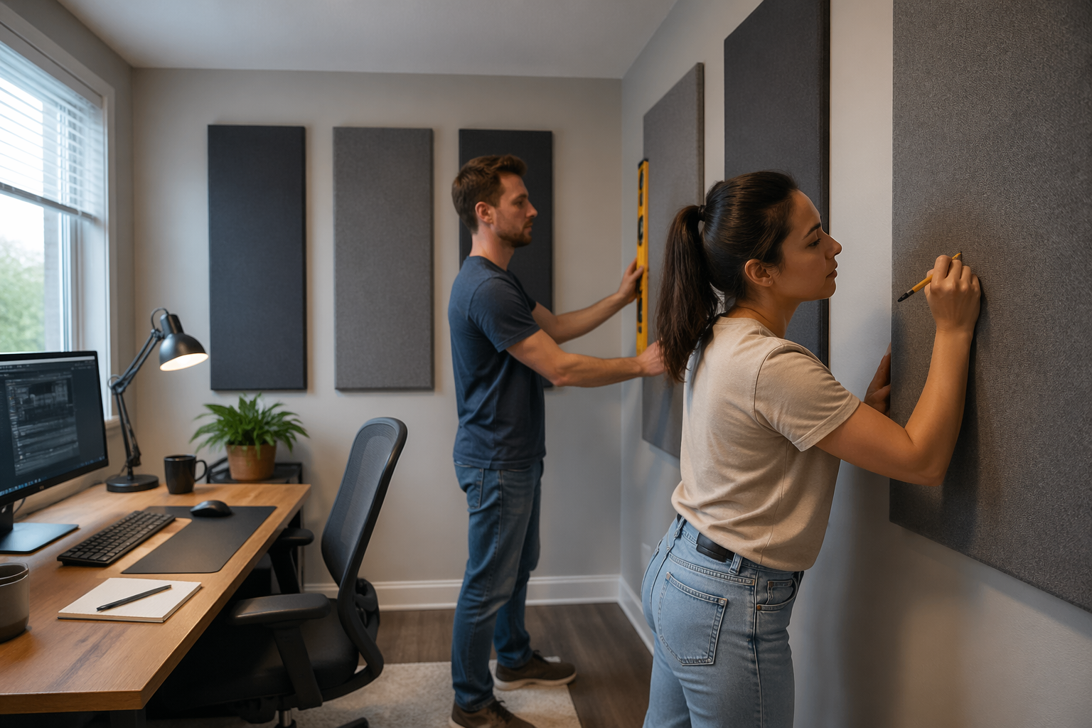 A man and woman arranging acoustic panels in a rectangular home office room