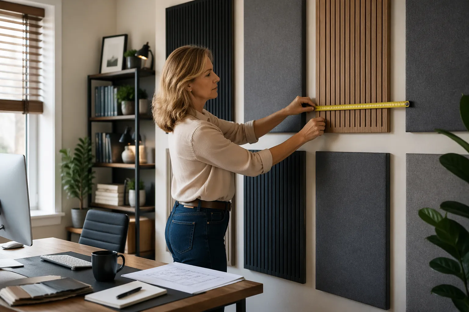 A woman measuring the spacing of acoustic panels on a wall in a home office.