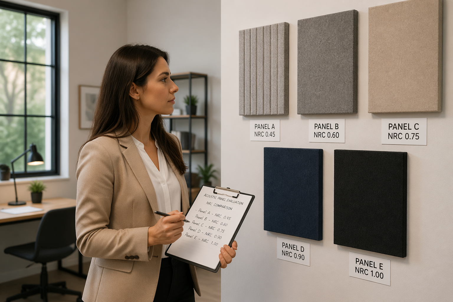 A woman in a home office examines acoustic panels while comparing their NRC ratings.
