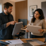 Two acoustic engineers discussing NRC ratings of acoustic panels in a home office
