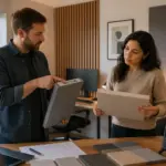 Two acoustic engineers discussing NRC ratings of acoustic panels in a home office