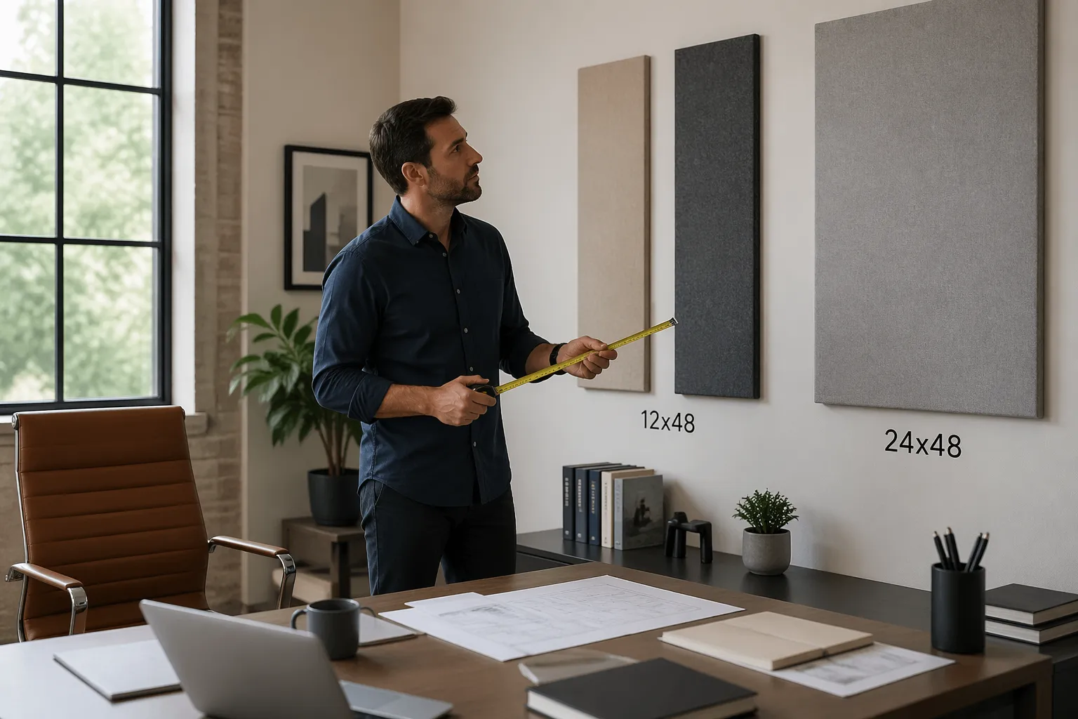 A male interior designer measuring acoustic panels in a modern home office