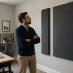 A man examining different sizes of acoustic panels in a modern home office setup