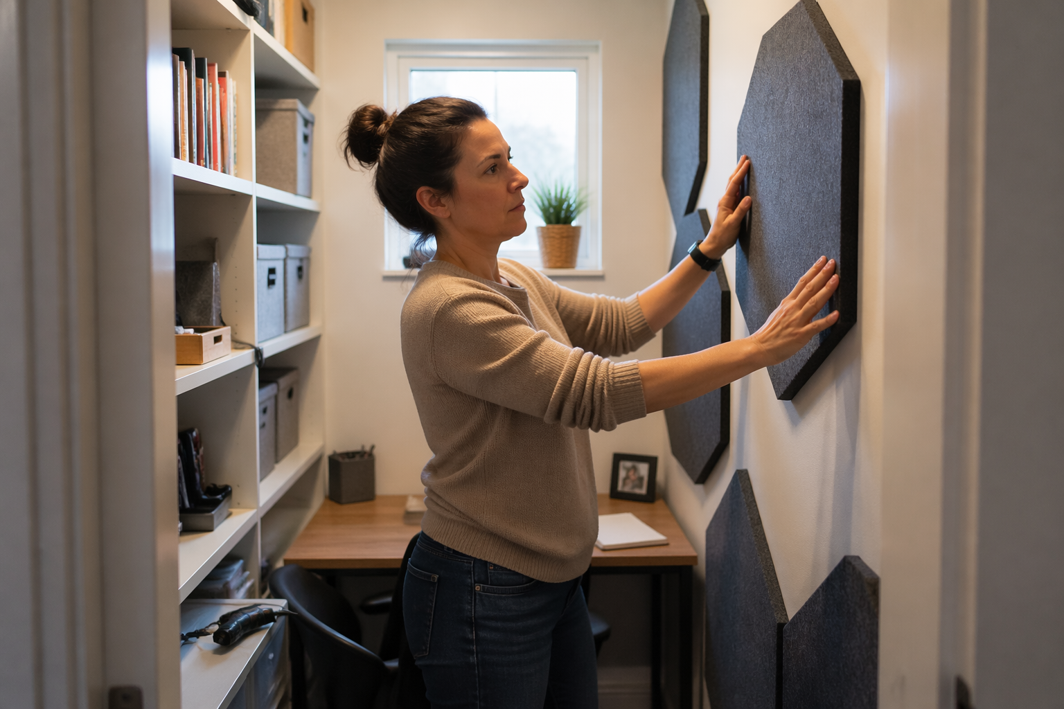 A woman installing acoustic panels in a small closet office to improve sound quality
