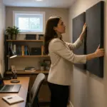A professional woman adjusting acoustic panels in a small closet office to improve sound quality.