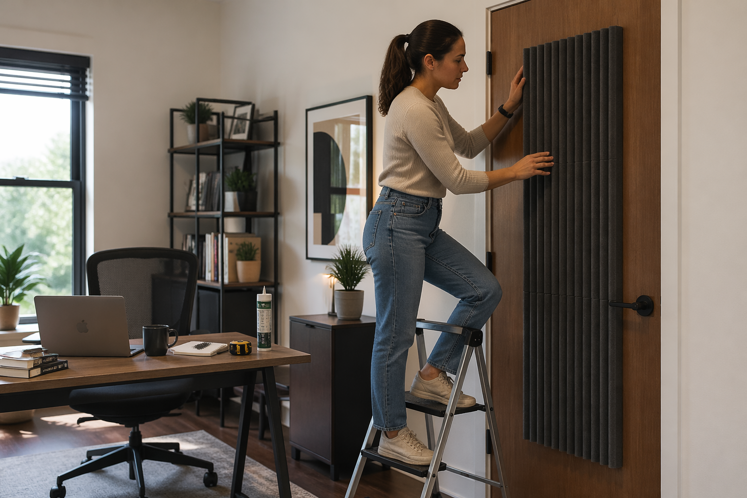 A woman installing acoustic panels on a door in her home office to treat sound reflections.
