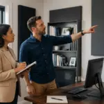 A man and woman discussing the placement of acoustic panels in a home office with a desk and computer.