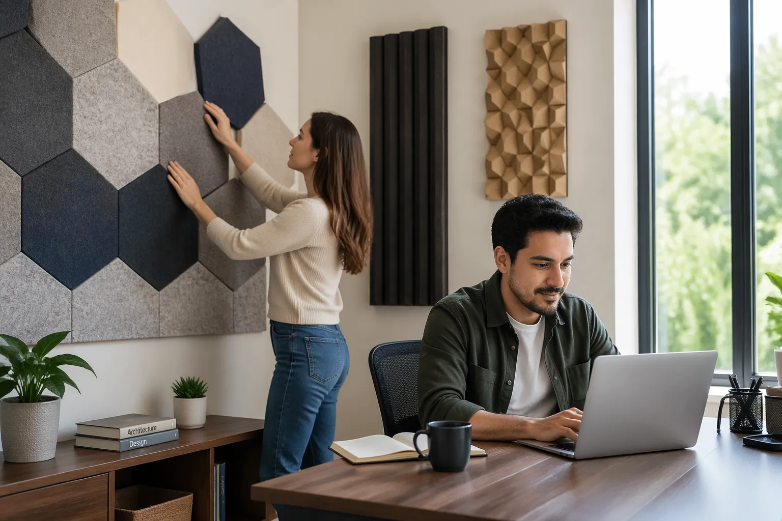 A woman adjusting acoustic panels while a man works at a desk in a bright open-plan home office corner.