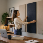 A woman adjusting acoustic panels in a stylish home office.