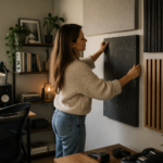 A woman installing acoustic panels in her small home office studio, surrounded by a desk and studio equipment.
