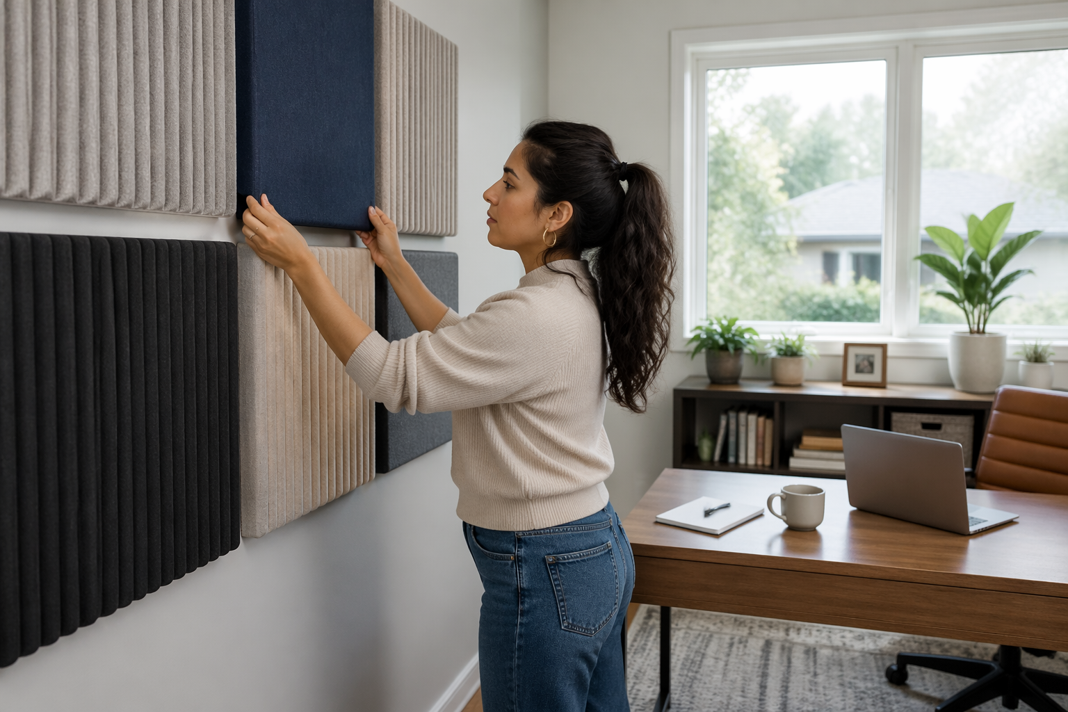 A woman arranging stylish acoustic panels in a home office to improve aesthetics and sound performance.
