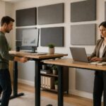 A man and a woman working at standing desks in a home office with acoustic panels on the walls for sound absorption.