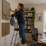 A woman adjusts acoustic panels in a home office to reduce echo.