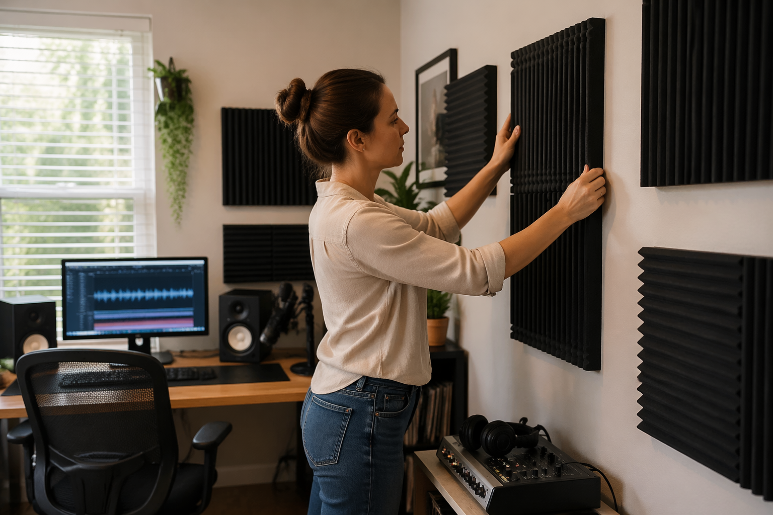 A woman installing acoustic panels in her small home office studio to improve sound quality.