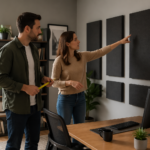 A man and a woman in a home office discussing the placement of acoustic panels on the walls.