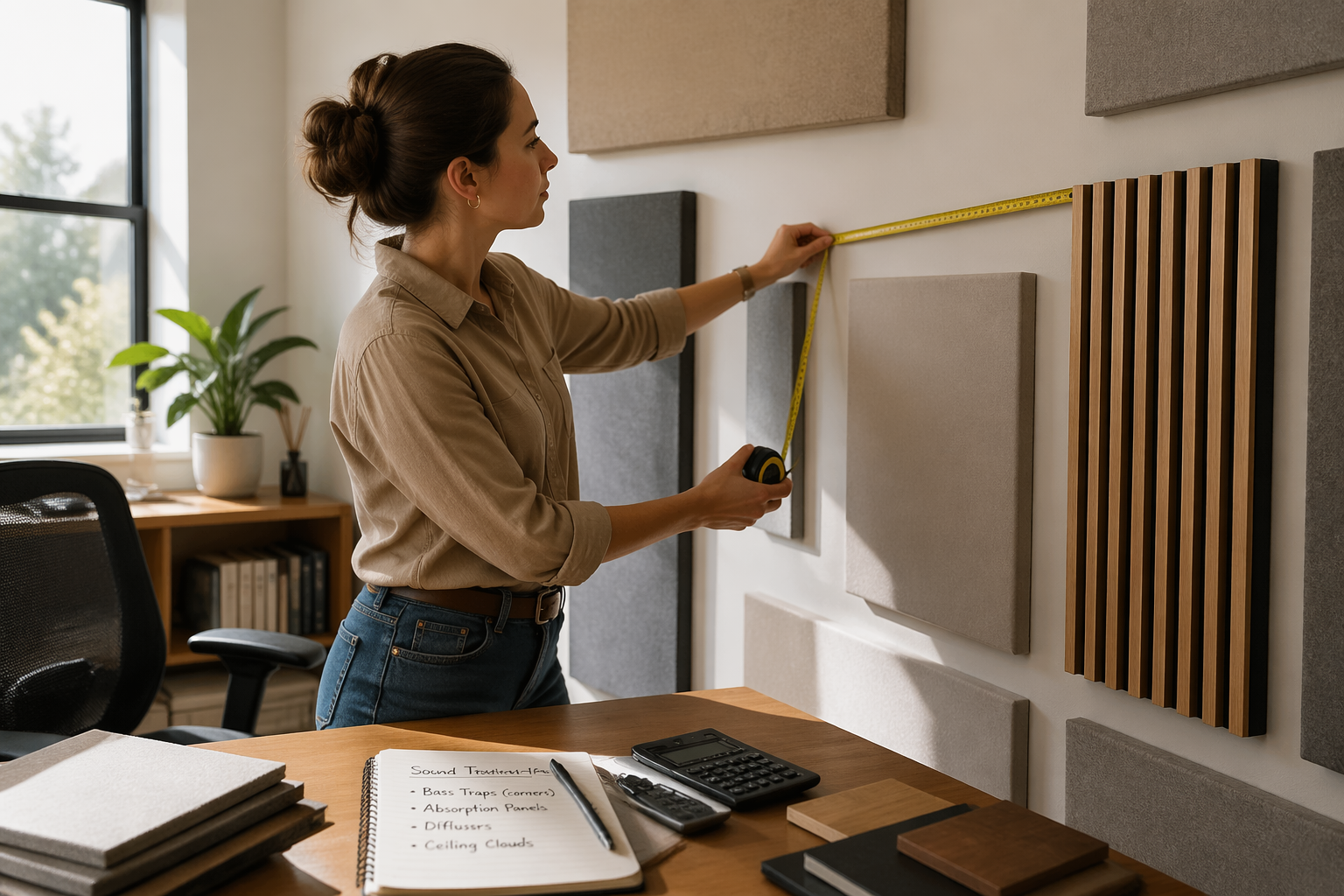 A woman measuring wall space in a home office while surrounded by acoustic panels