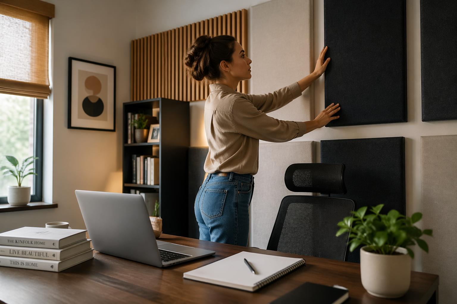 A woman adjusting acoustic panels in her home office to reduce echo.