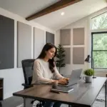 A woman working in a home office with vaulted ceiling and acoustic panels on the walls