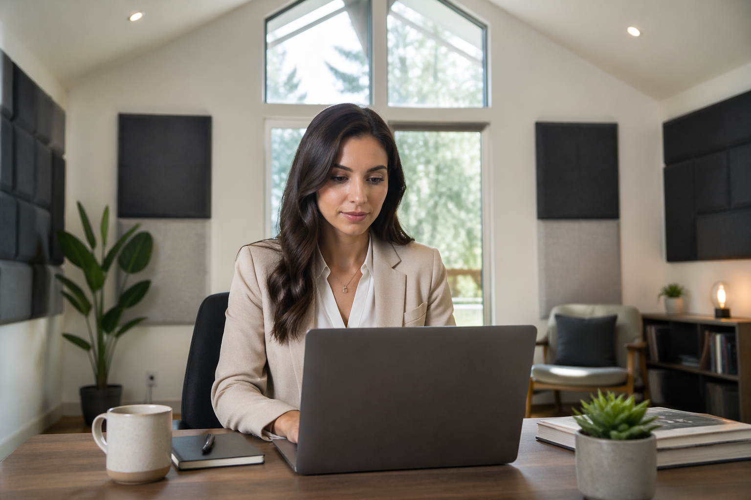A woman working in a home office with vaulted ceiling and acoustic panels on the walls
