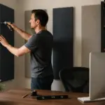 A man installing acoustic panels in a home office to improve sound quality