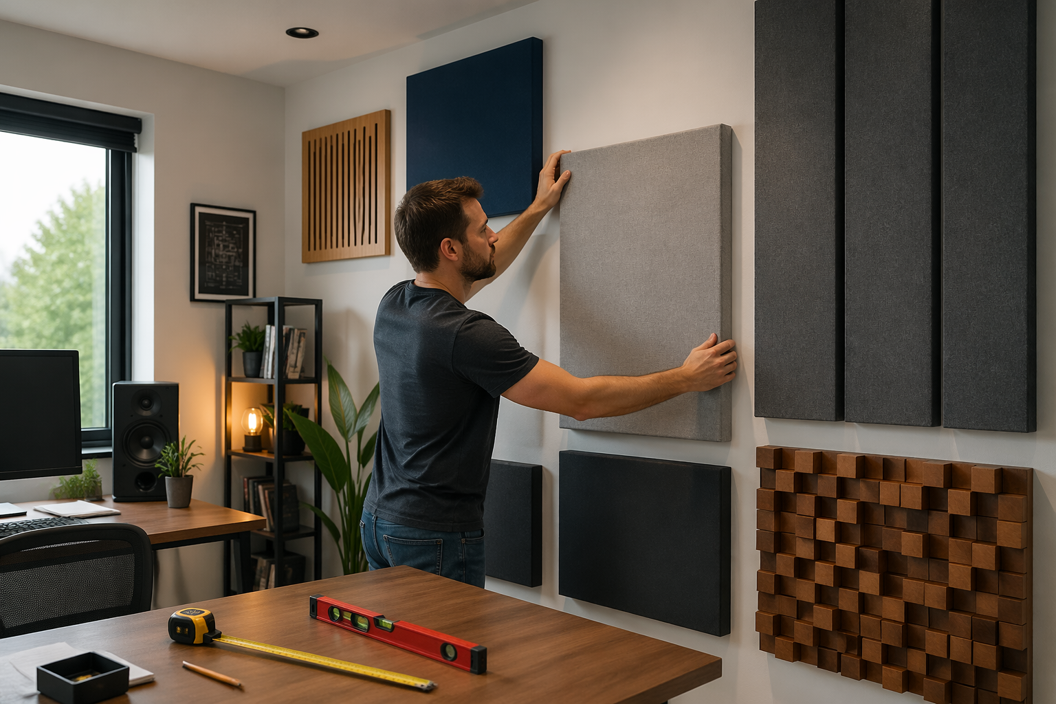 A man installing acoustic panels in a modern home office to reduce low frequencies.