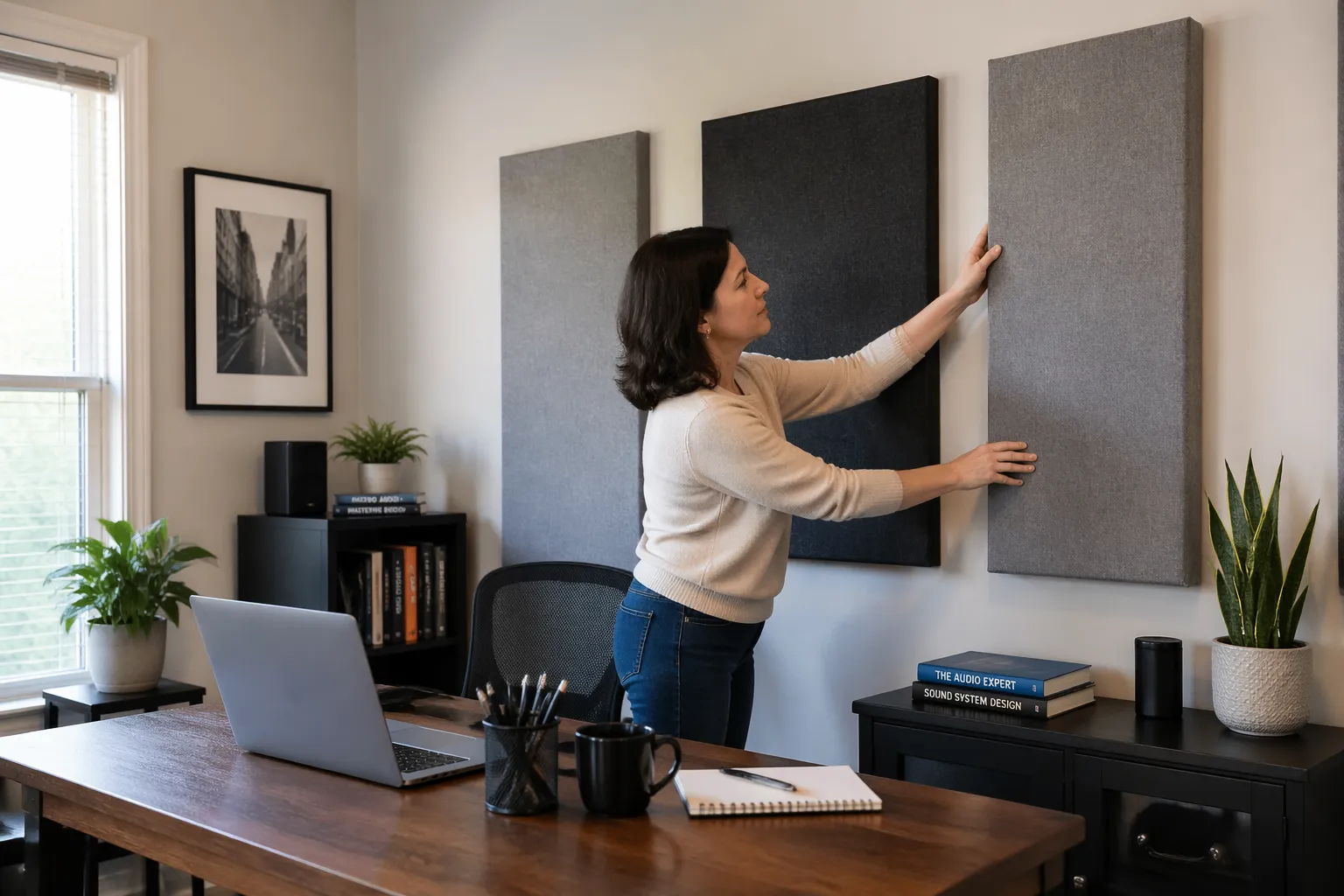A woman adjusting acoustic panels in a home office for better sound quality