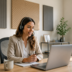 A woman on a video call in her home office with acoustic panels on the walls