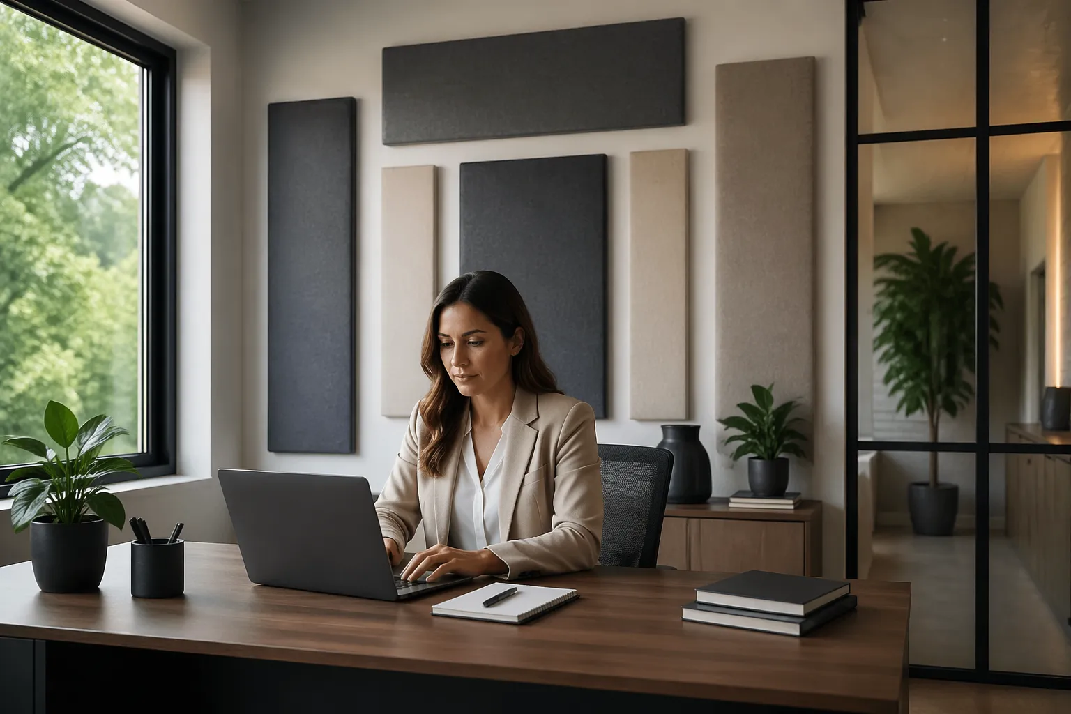 A professional woman working in a home office with large windows, surrounded by acoustic panels.