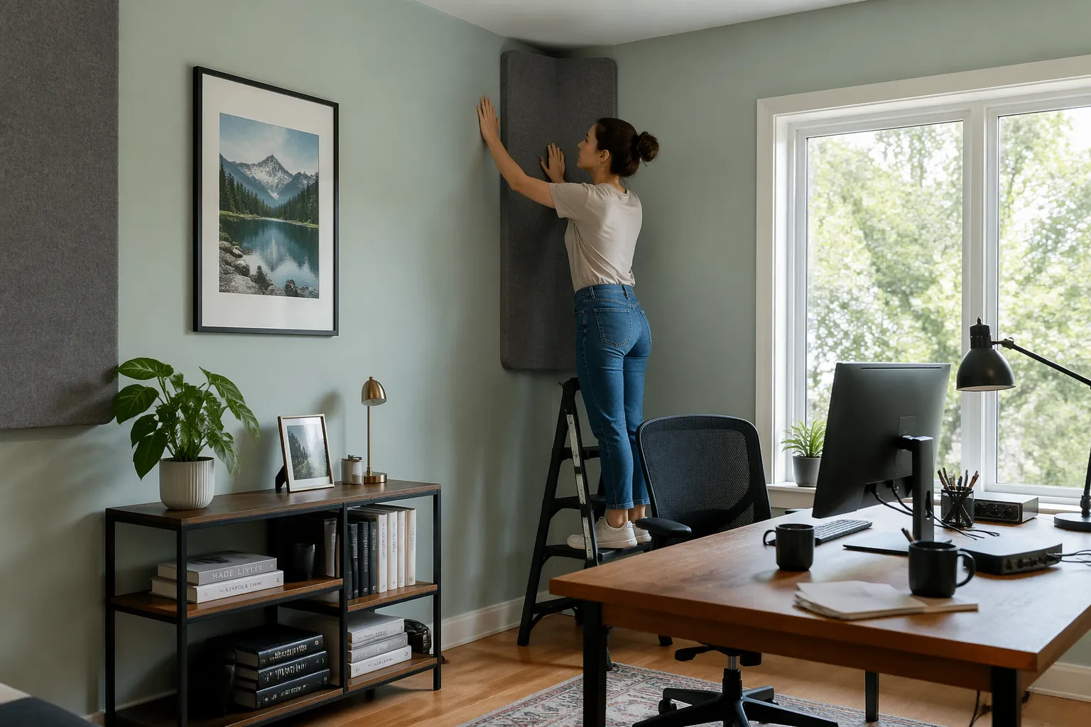 A woman adjusting acoustic panels in the corners of a home office to reduce sound reflections.