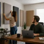 A woman adjusts an acoustic panel while a man works at a desk in a modern home office corner.