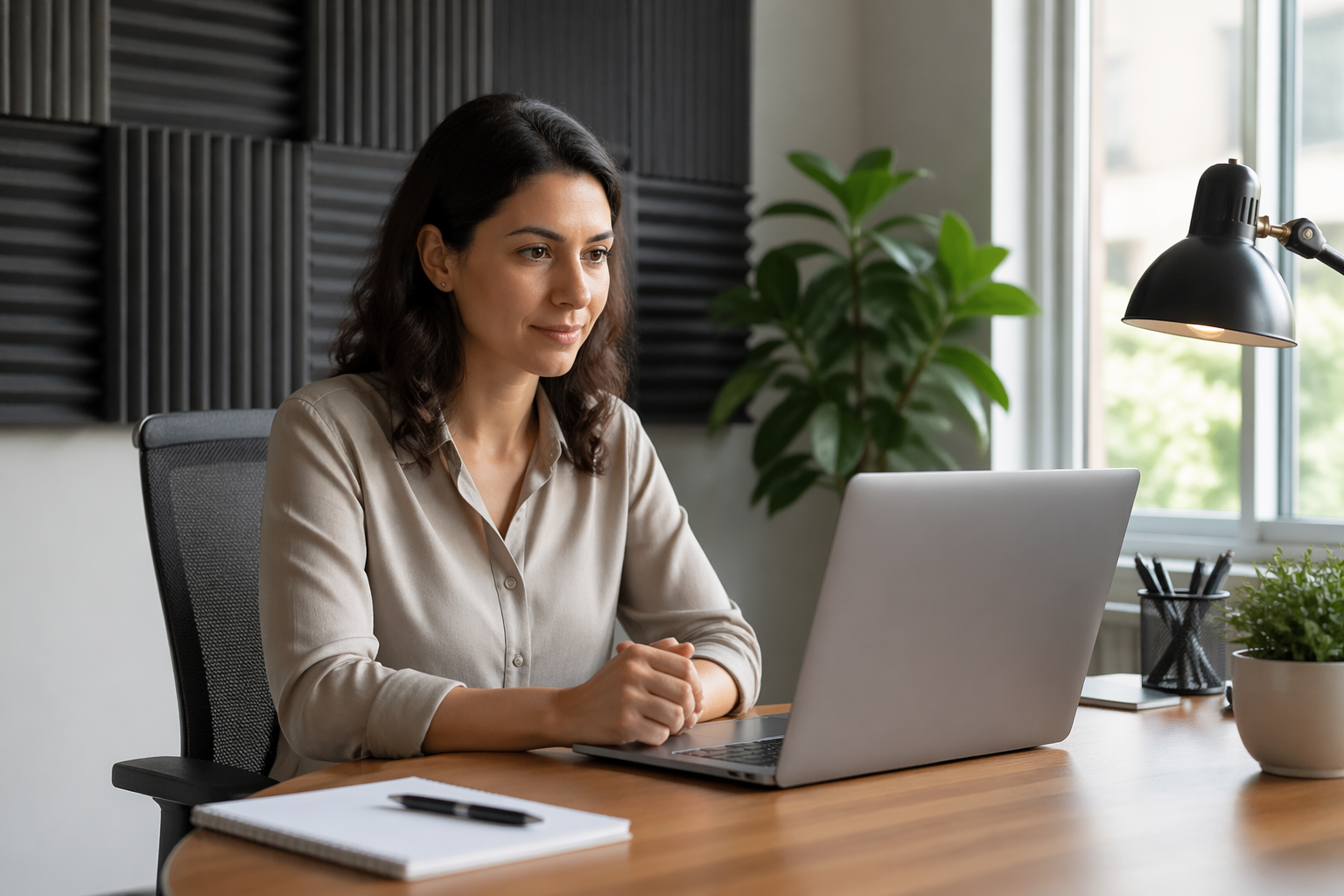 A woman in a home office participating in a video call, surrounded by acoustic panels for sound treatment.