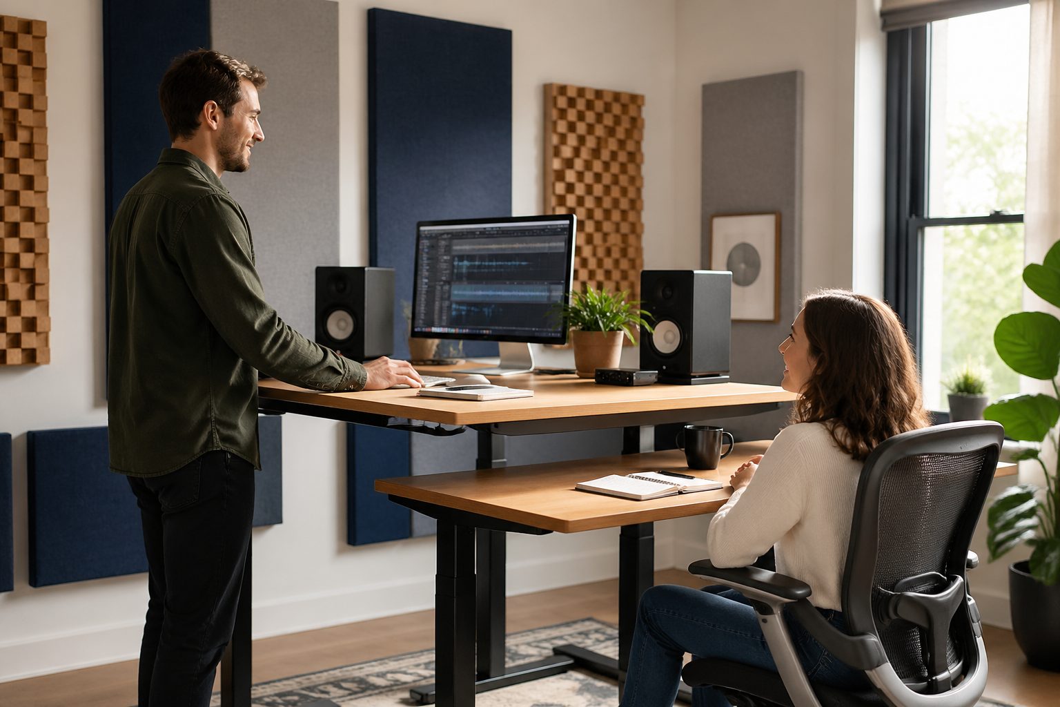 A man stands at a desk while a woman sits in an office chair, both in a home office with acoustic panels on the walls.