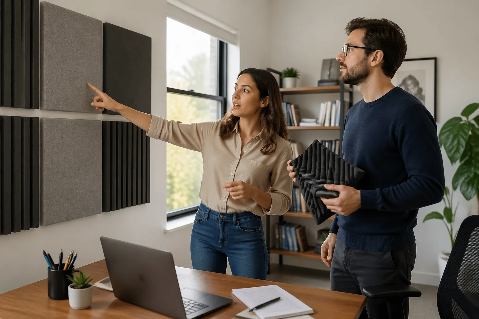 A woman and a man discussing acoustic panels and foam in a home office setting