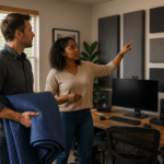 A man and woman discussing acoustic treatment options in a home office, with moving blankets and acoustic panels visible.