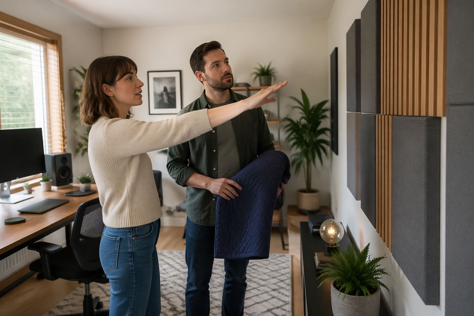 A woman points to acoustic panels on a wall while a man holds a moving blanket in a home office.