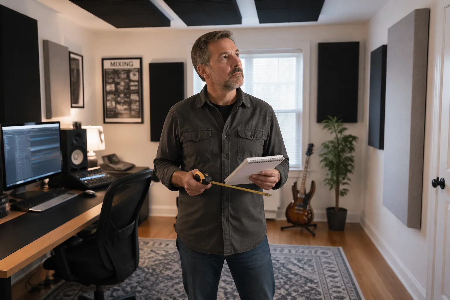 A sound engineer measuring a home office for acoustic treatment placement