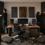 Two acoustic engineers installing sound panels in the corners of a home office