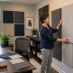 A woman adjusting acoustic panels in an L-shaped home office to enhance sound quality.