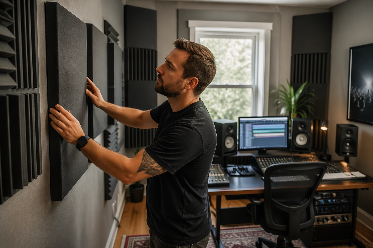 A sound engineer adjusting acoustic panels in a square home studio room