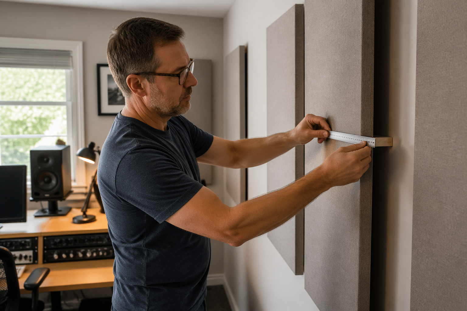 A sound engineer measuring the air gap behind acoustic panels in a home office