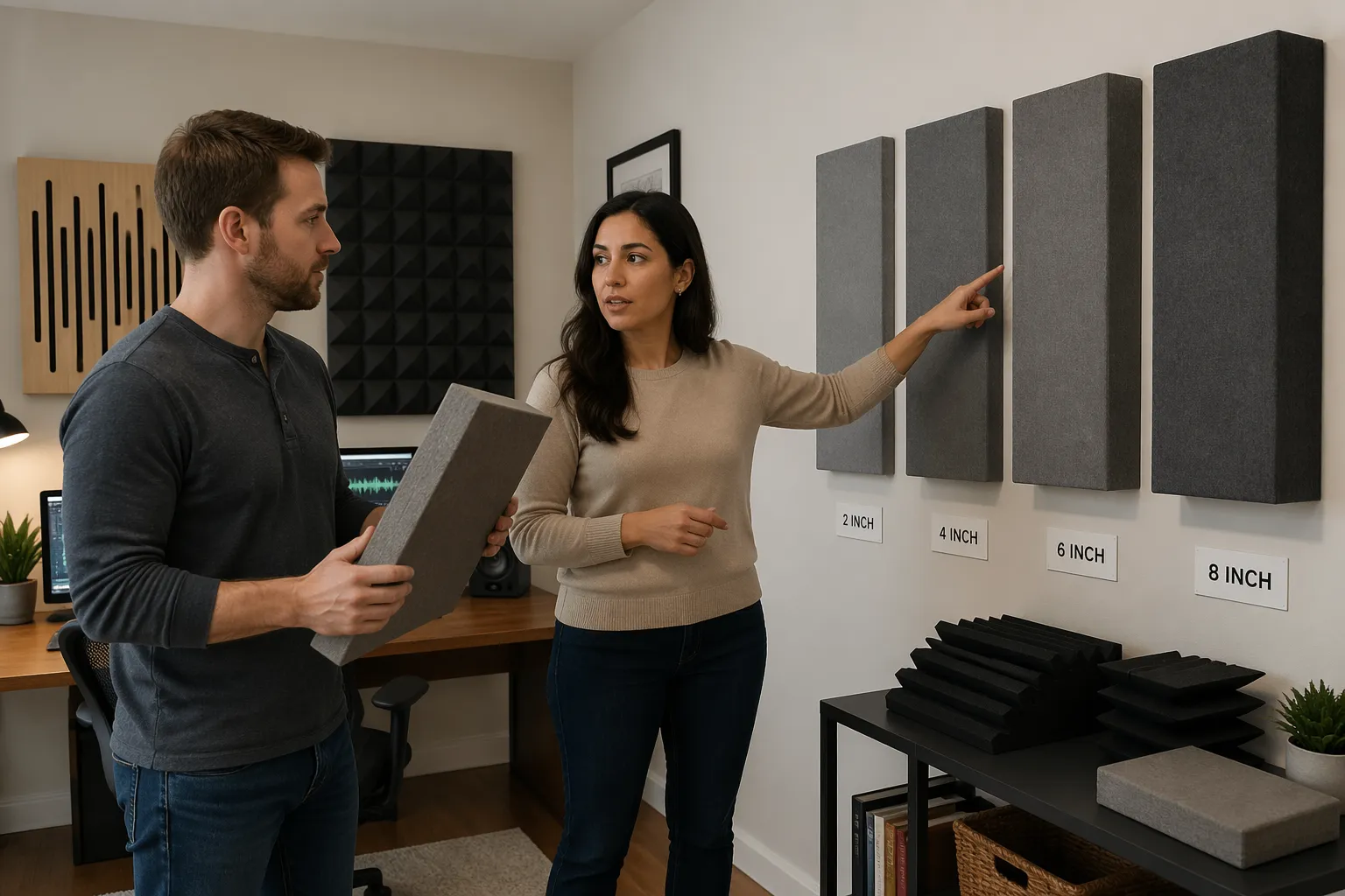 A man and a woman discussing different thicknesses of acoustic panels in a home office setting.